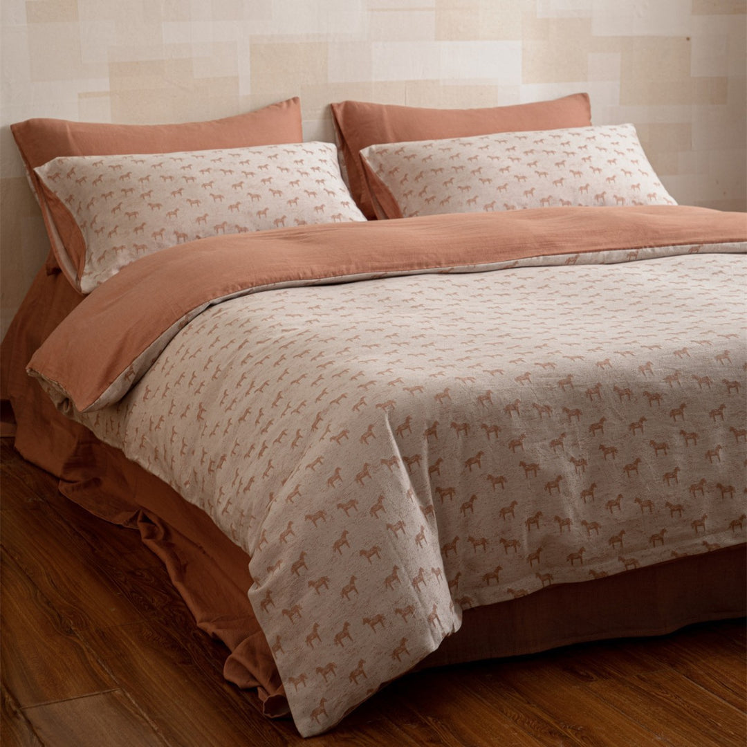 Printed Linen-Blend Reversible Duvet Cover Set with Horse Motif