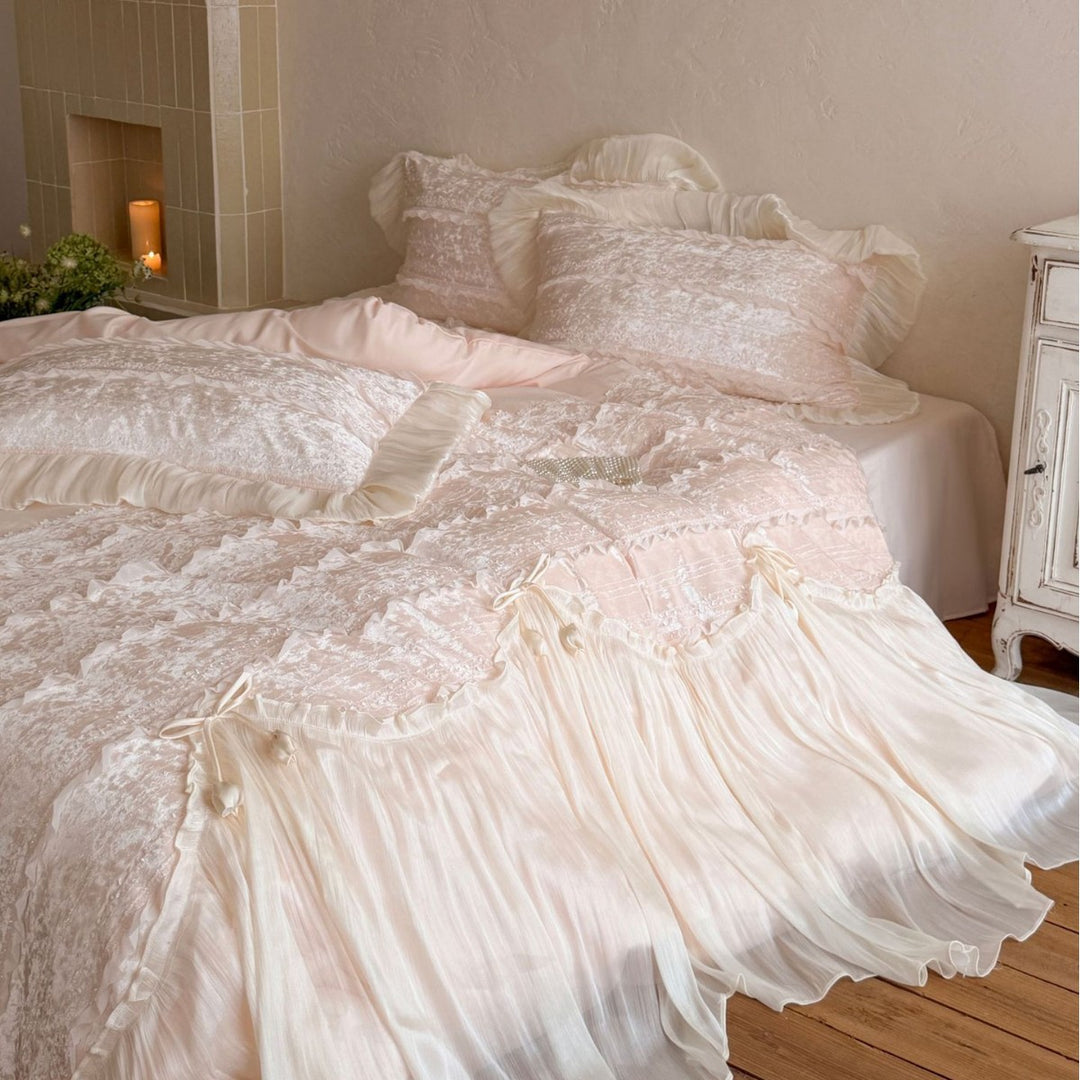 Romantic Ruffled Voile Layered Duvet Cover Set with Lace Embroidery