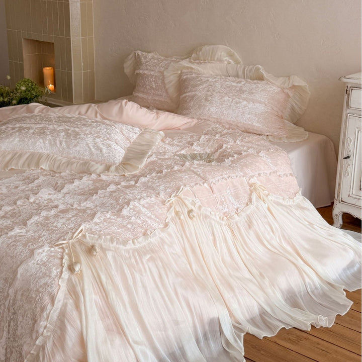Romantic Ruffled Voile Layered Duvet Cover Set with Lace Embroidery