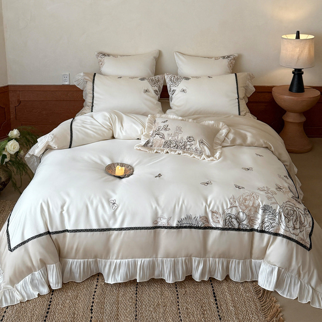 Silky Satin Floral Embroidered Ruffle Duvet Cover Ensemble with Pleated Bedskirt