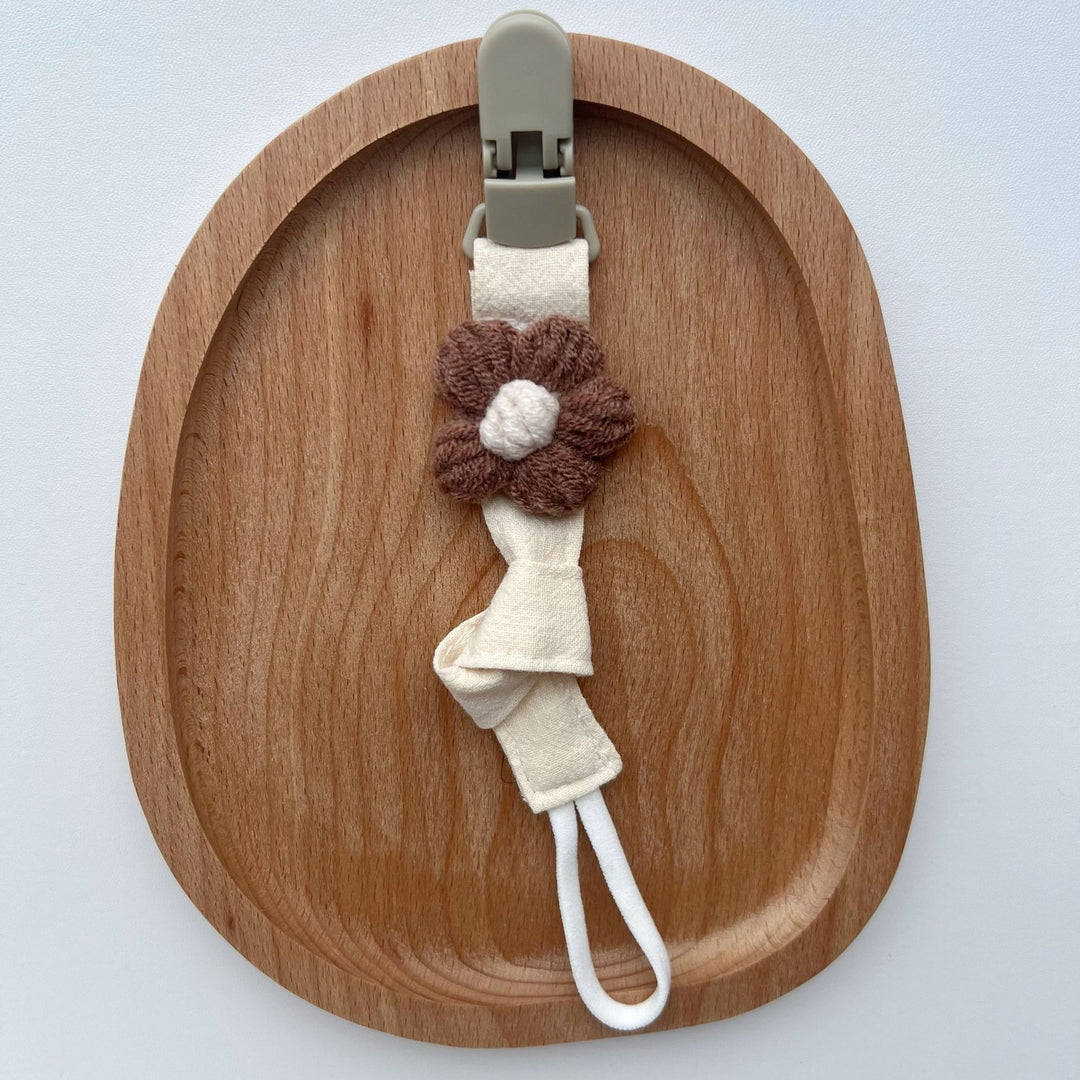 Organic Cotton Pacifier Leash with Quick-Release Clip and Hand-Knit Flower