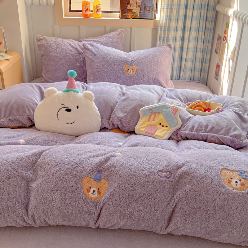 Plush Sherpa Reversible Comforter and Pillowcase Set with Kawaii Embroidered Motif