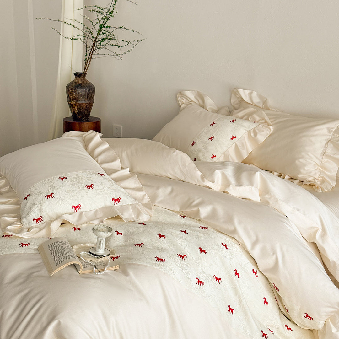 Ruffled Cotton-Sateen Duvet Cover Set with Jacquard Panel and Frilled Pillow Shams