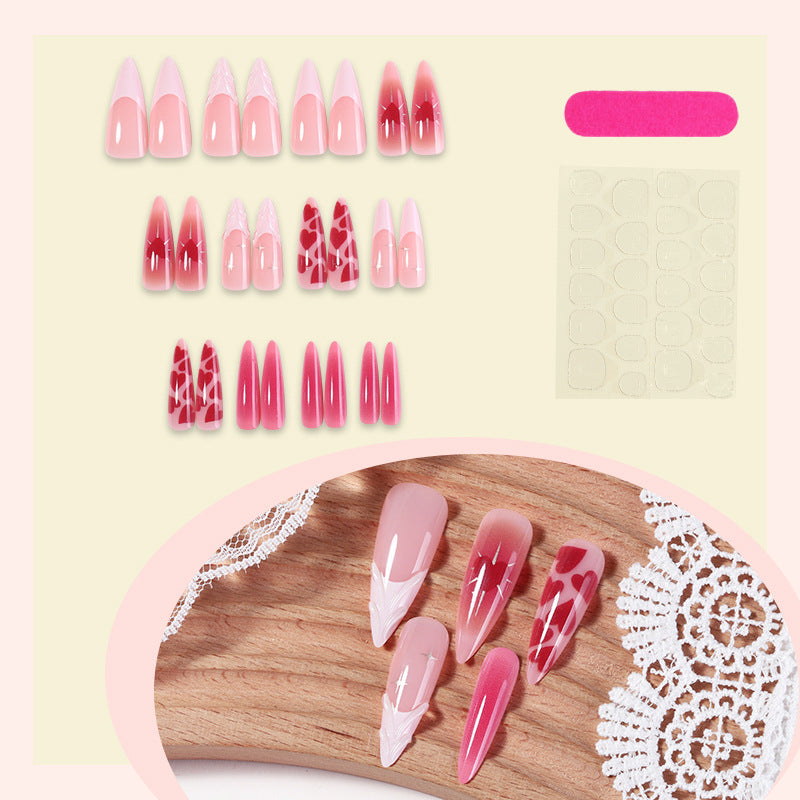 Artistic Press-On Nail Set with Gradient and Heart Patterns Stornfield