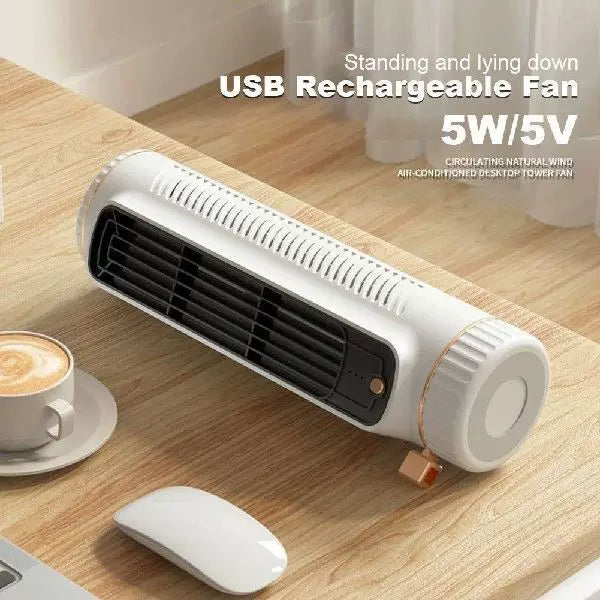 Unisex one-size compact rechargeable personal cooling stand fan with adjustable vertical louvers, multi-speed USB charging, and decorative sticker set Stornfield