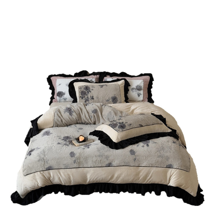 Plush Rose-Print Faux-Fur Quilted Duvet Cover & Ruffled Sham Set