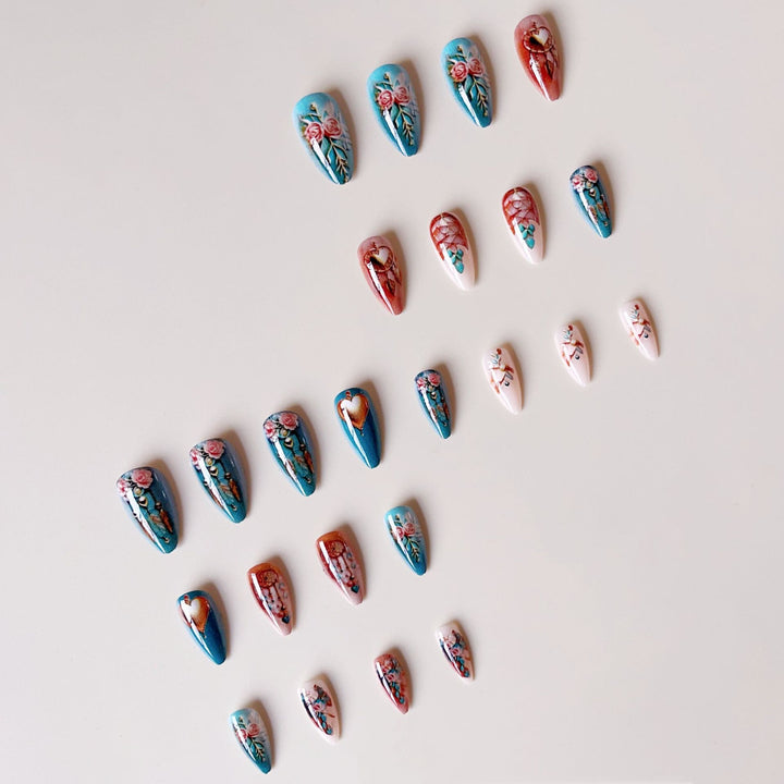 Acrylic nail set with stunning 3D rose and heart decorations Stornfield