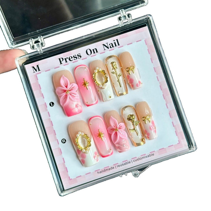 Decorative Press-On Nail Art Set with Floral and Gem Accents  1791774725