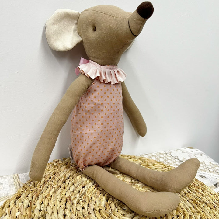 Handcrafted Linen Elephant Plush Doll with Long Limbs and Polka Dot Cotton Dress