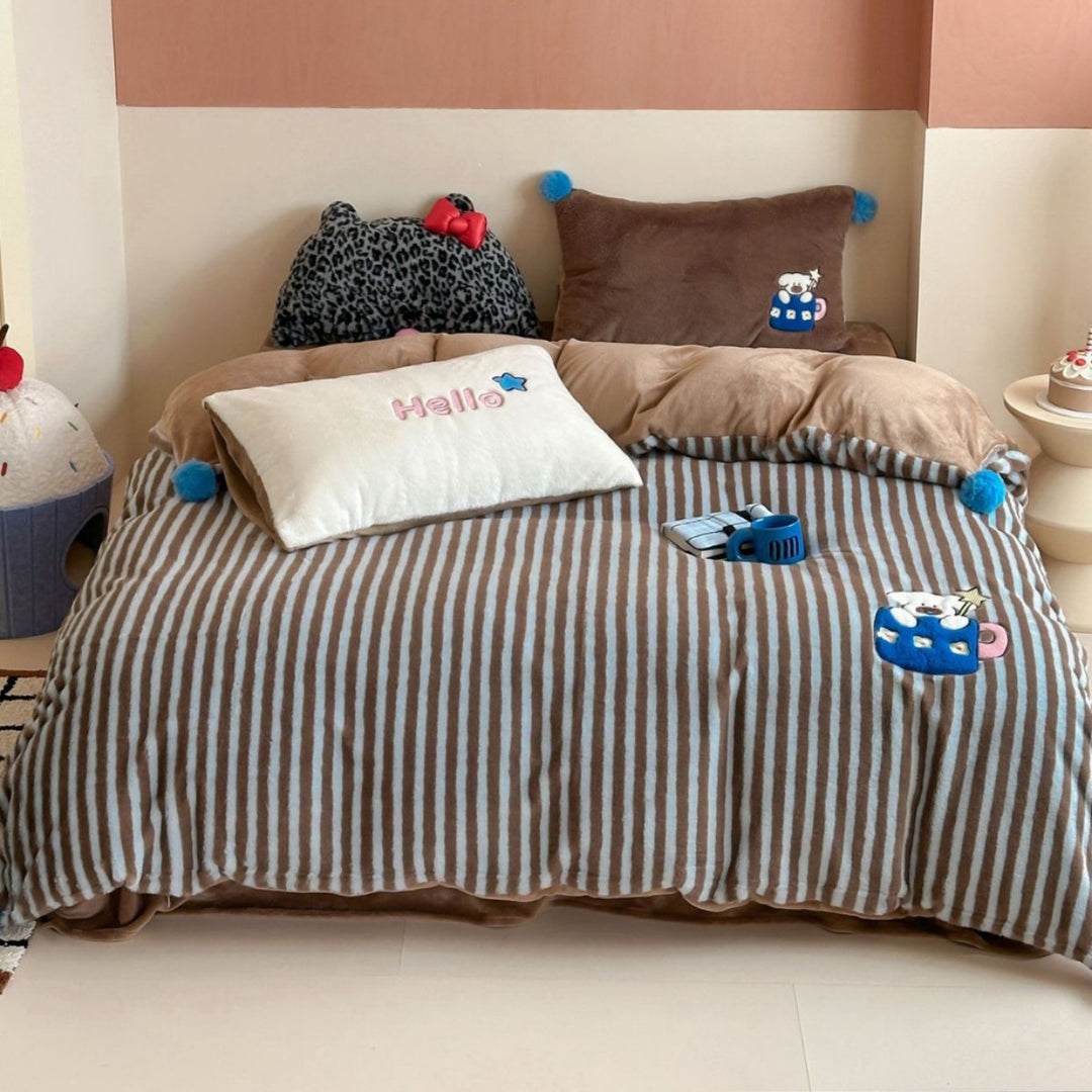 Striped Plush Reversible Comforter Set with Embroidered Mug and Pom-Pom Accents