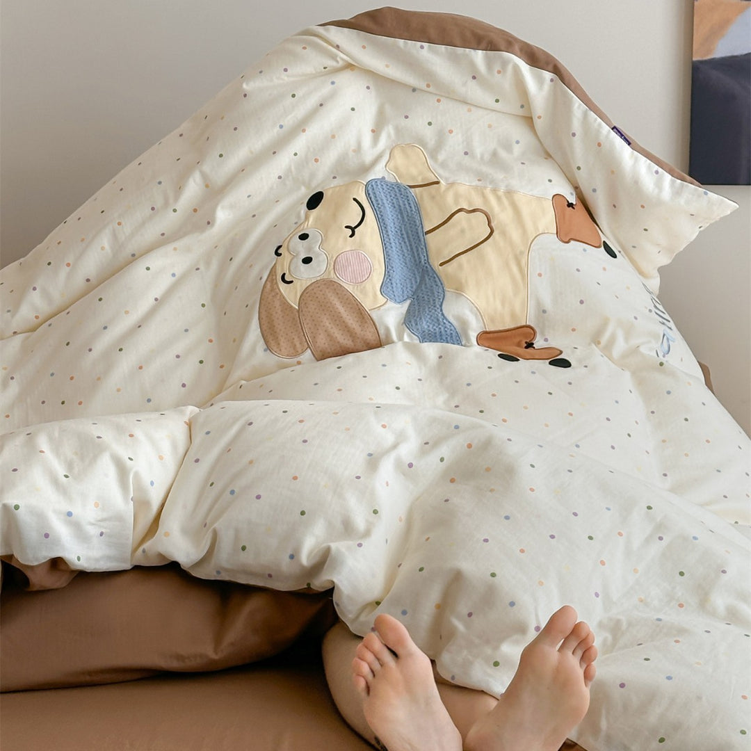 Kids Cotton Duvet Cover Set with Appliqué Bunny and Pastel Heart Print Reversible Lining
