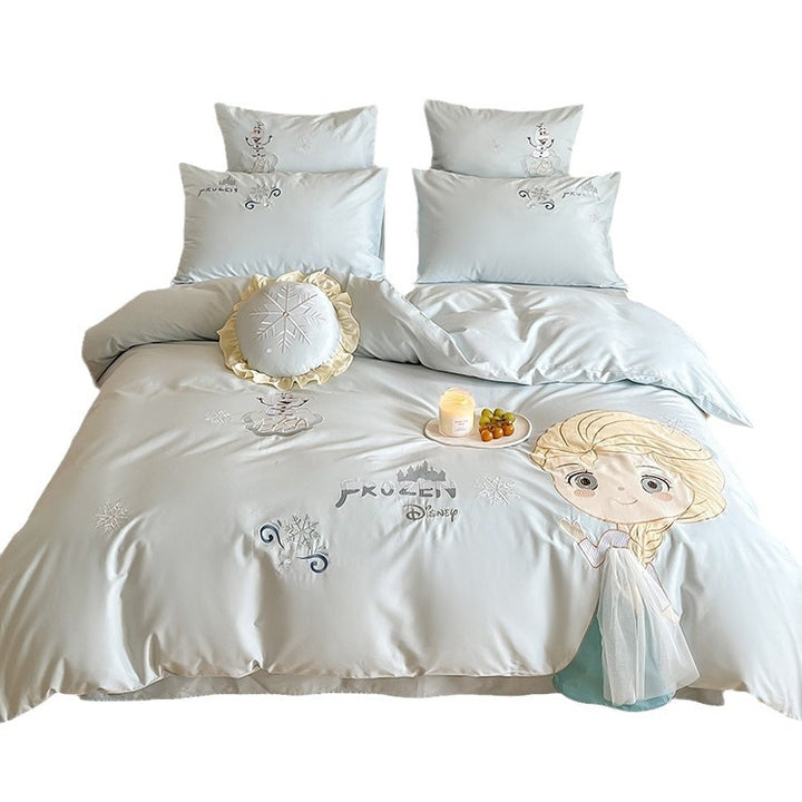 Children's Cartoon Embroidered Princess Duvet Cover Set with Tulle Accent and Pillow Shams