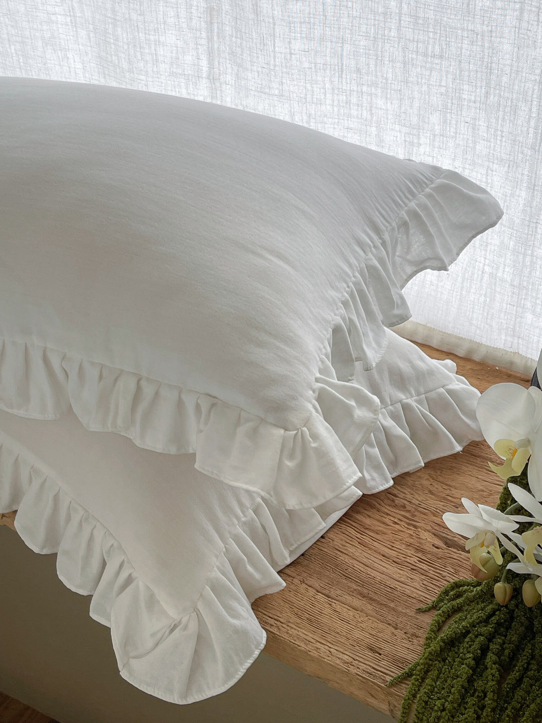 Ruffled Linen Pillowcase Set with Soft Washed Linen Texture