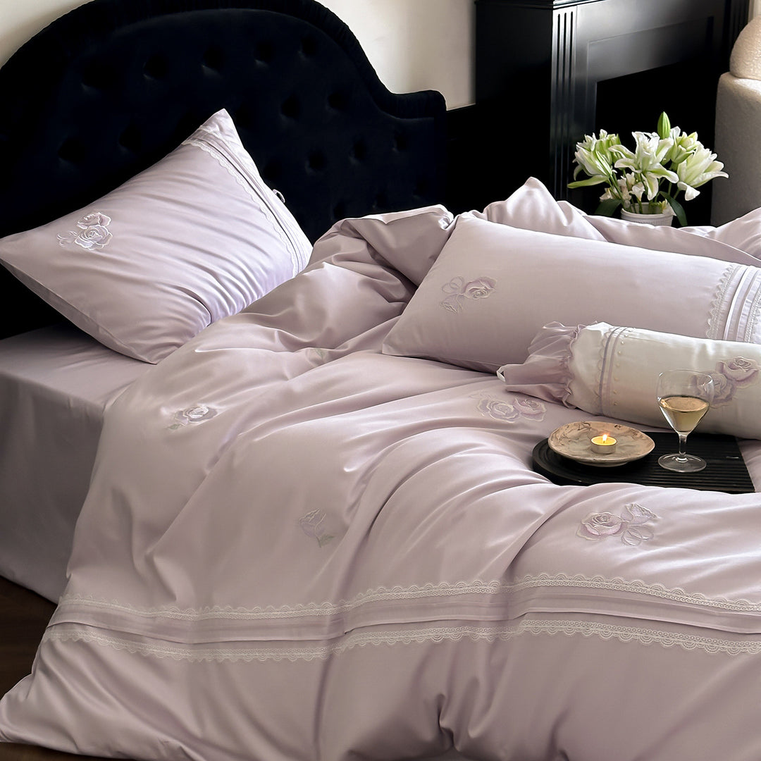 Luxury Satin Embroidered Rose Duvet Cover Bedding Set with Lace-Trimmed Pillow Shams and Decorative Bolster
