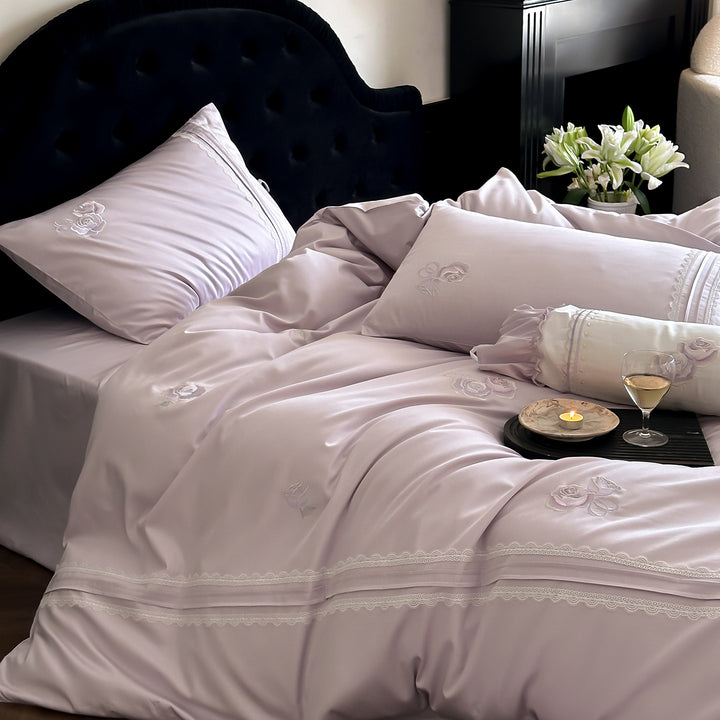 Luxury Satin Embroidered Rose Duvet Cover Bedding Set with Lace-Trimmed Pillow Shams and Decorative Bolster