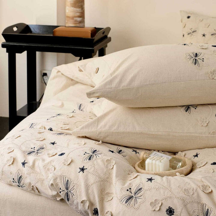Embroidered Linen-Cotton Butterfly Duvet Cover Set with Button Closure and Decorative Pillowcases
