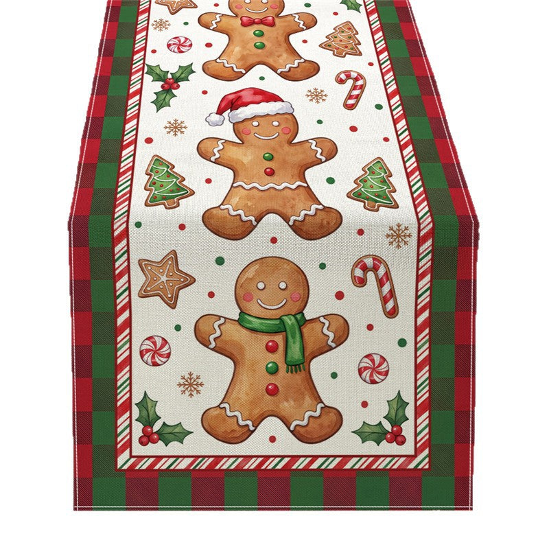 Festive Cotton-Linen Christmas Table Runner with Santa Truck and Snowman Illustration