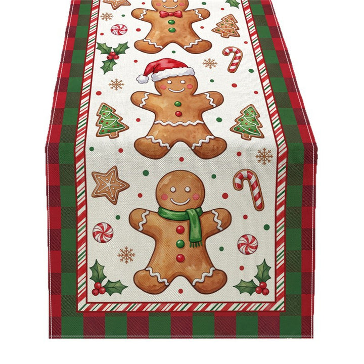 Festive Cotton-Linen Christmas Table Runner with Santa Truck and Snowman Illustration