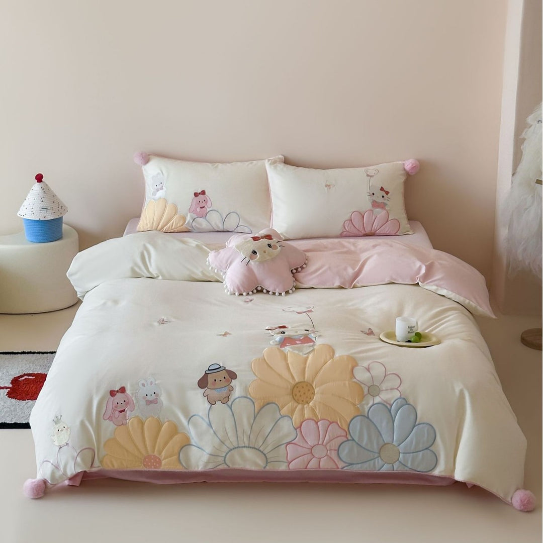 Children's Reversible Cotton Duvet Cover Set with Playful Elephant Print and Mixed Floral-Stripe Patchwork