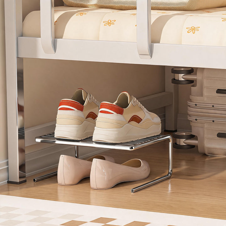 Compact Low-Profile Two-Level Metal Shoe Organizer Rack