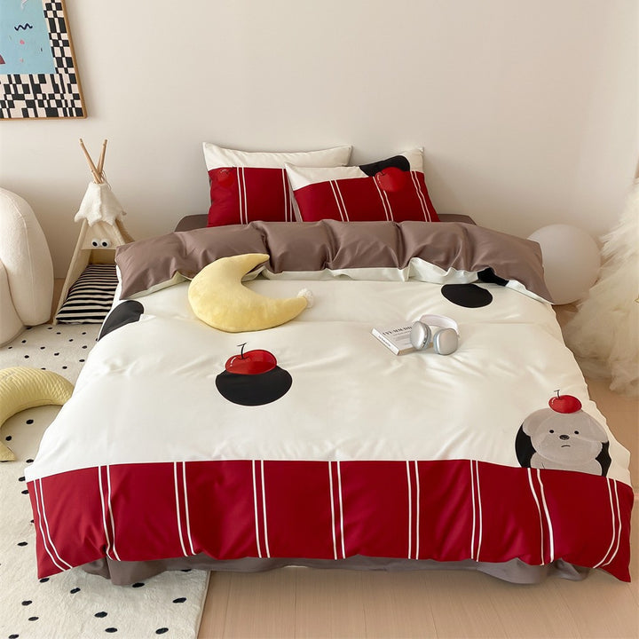 Graphic Cherry Print Cotton Sateen Duvet Cover Set with Contrast Border and Pillow Shams