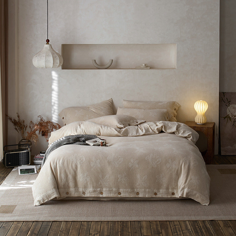 Jacquard bedding set made of linen-cotton blend with button placket and embossed floral relief