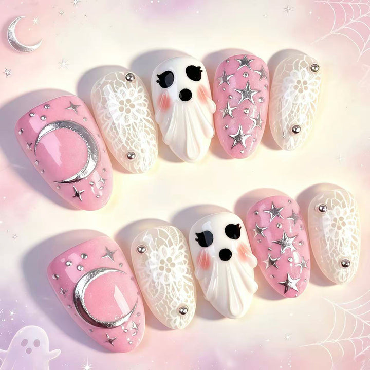Theatrical Ghost-Themed Press-On Nail Art Set