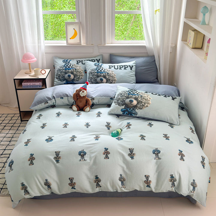 Cotton Printed Duvet Cover Set with Cute Dog Illustration