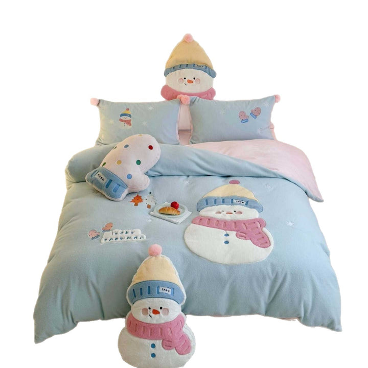 Plush Snowman Embroidered Reversible Coral Fleece Duvet Cover Set