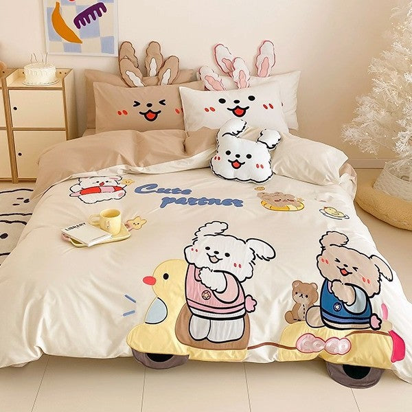Children's Cartoon Bear Cotton Duvet Cover Bedding Set with Plush Pillow Shams