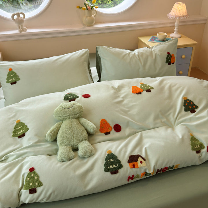Plush Embroidered Cherry Motif Comforter and Pillow Sham Set