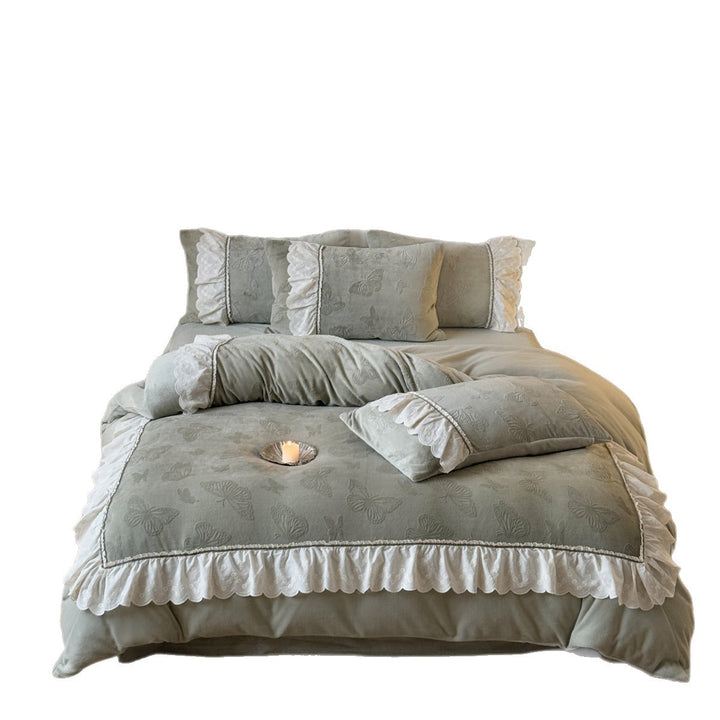 Embossed Butterfly Ruffled Comforter Duvet Cover Set