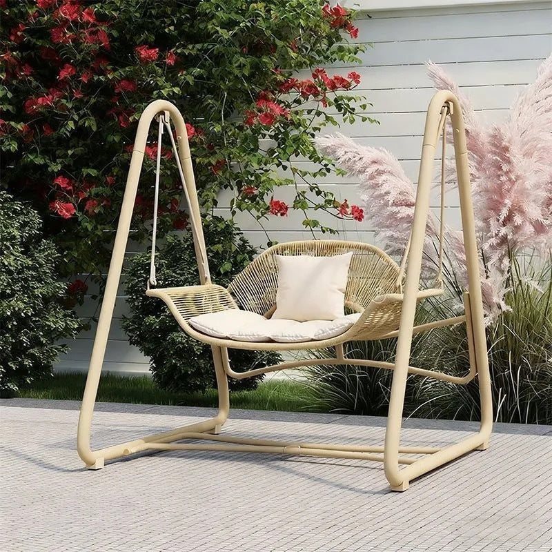 Woven rattan outdoor swing loveseat with padded cushions and powder-coated steel frame Stornfield