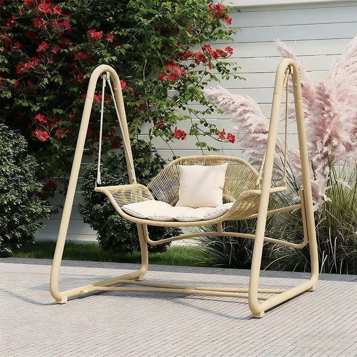 Woven rattan outdoor swing loveseat with padded cushions and powder-coated steel frame Stornfield