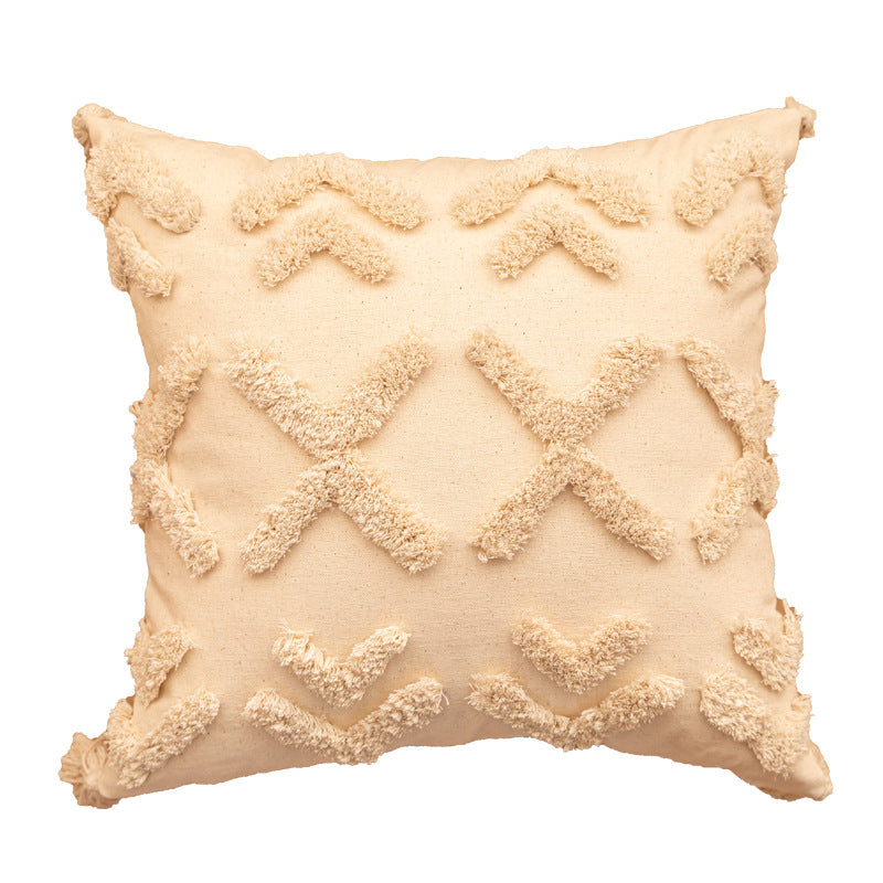 Textured Tufted Boho Shag Accent Throw Pillow with Tasseled Corners and Removable Cover