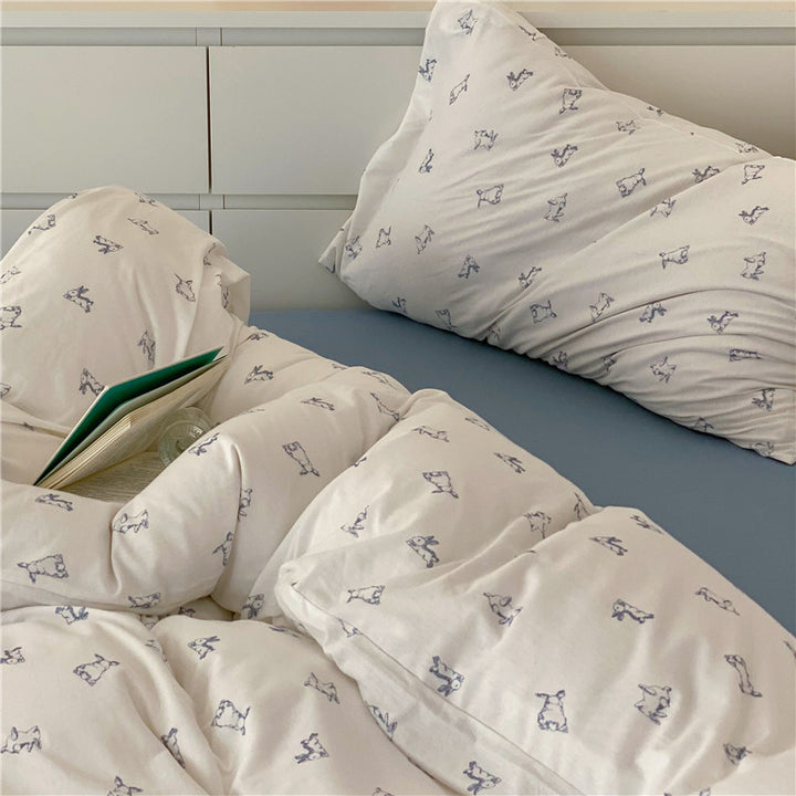 Finely woven cotton bedding set with minimalist dog sketches