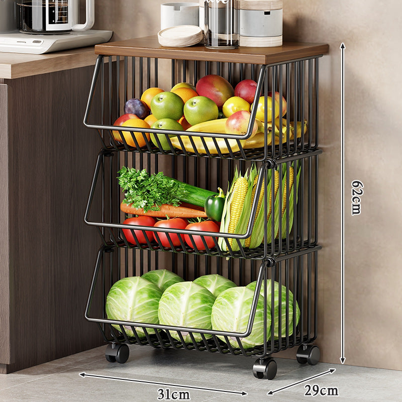 Slim Vertical Multi-Tier Fruit and Vegetable Storage Cart with Wood Top and Locking Casters