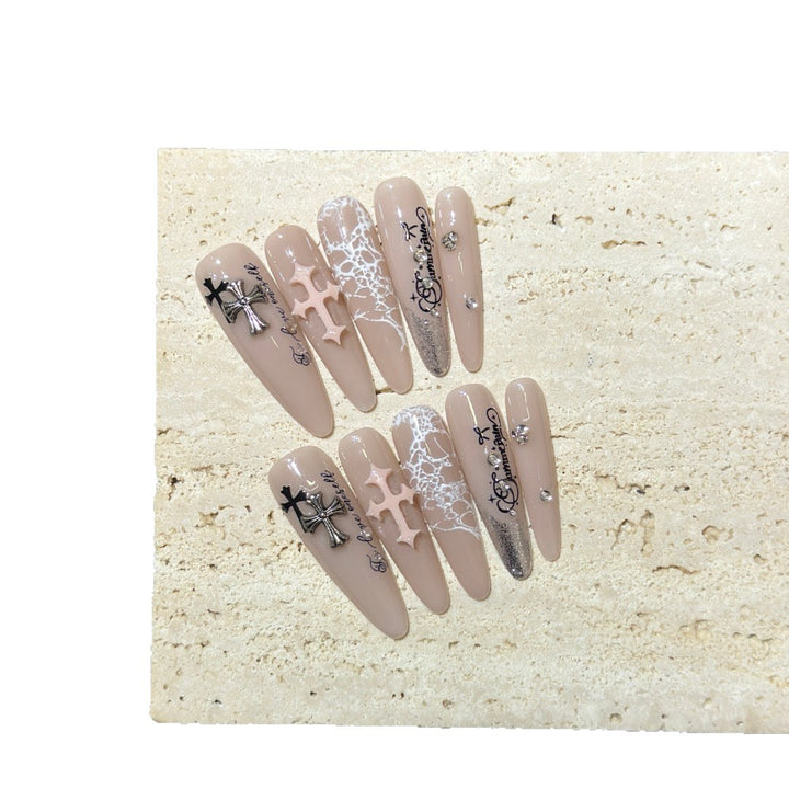 Artistic Press-On Nail Set with Decorative Elements