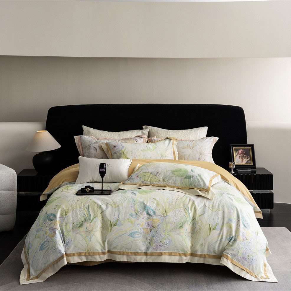 Botanical Cotton Sateen Duvet Cover Bedding Set with Contrast Border and Envelope Closure
