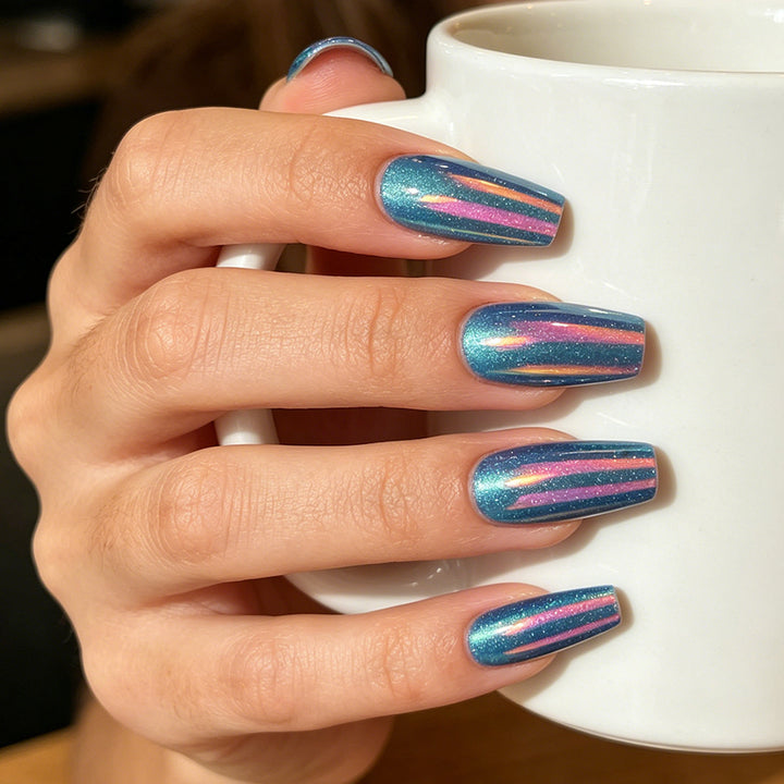 Glossy Press-On Nail Extensions with Glitter Stripes Stornfield