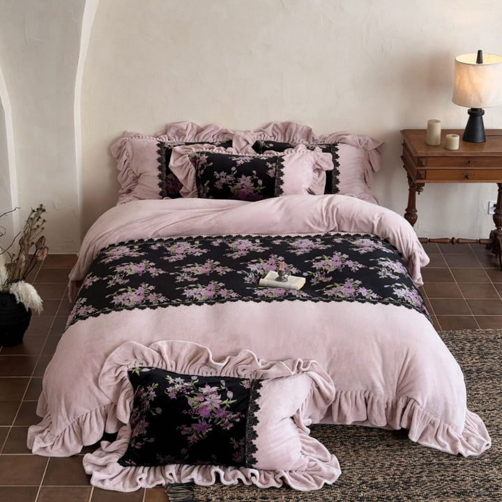 Ruffled Velvet Floral Quilted Duvet Cover Set