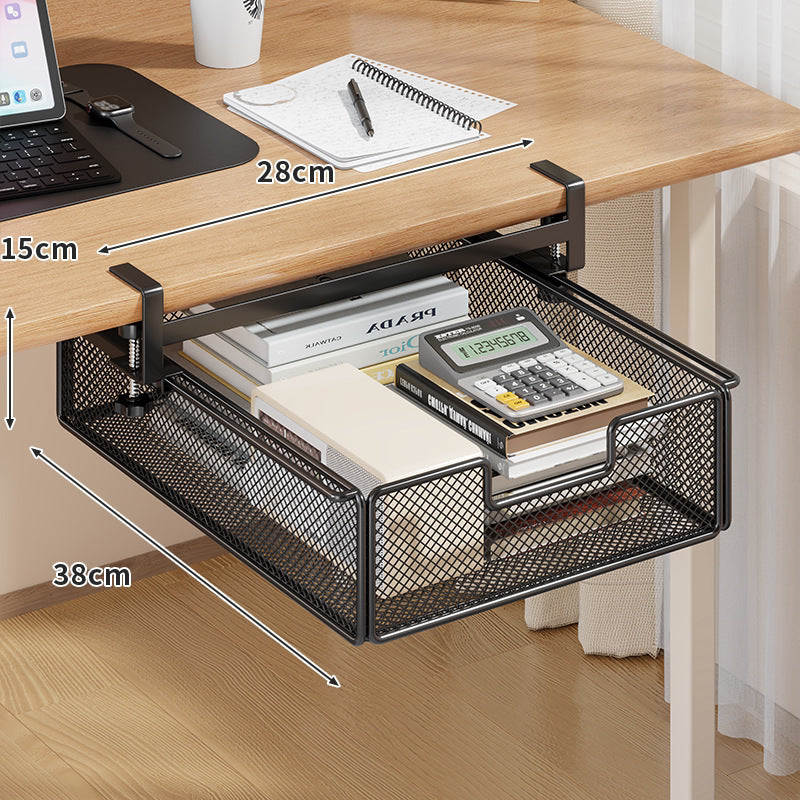 Clamp-On Under-Table Sliding Mesh Drawer with Adjustable Rail and Ventilated Metal Basket