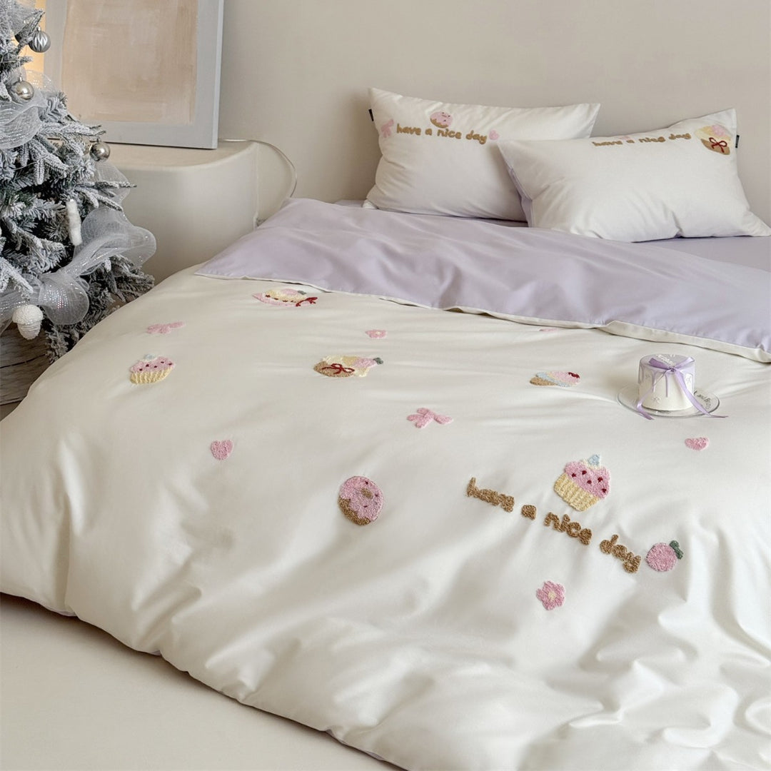 Embroidered Cupcake Appliqué Cotton Duvet Cover Set