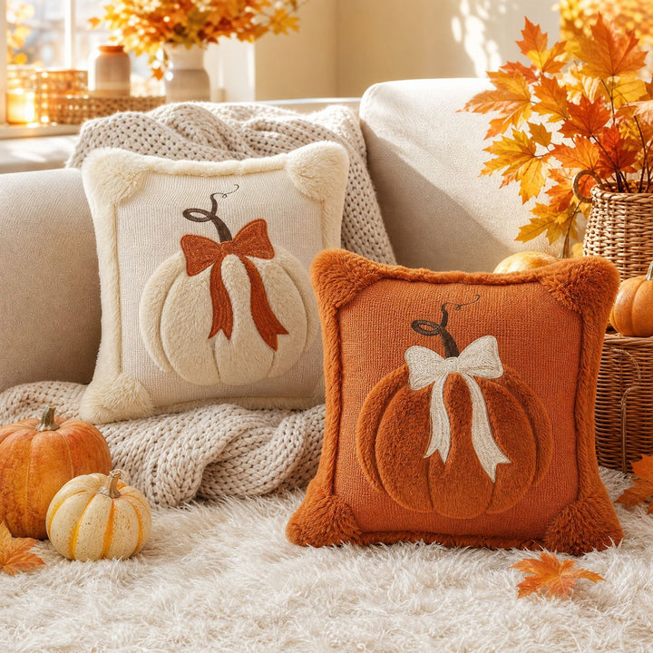 Autumn Plush Decorative Throw Pillow with Dimensional Pumpkin Applique