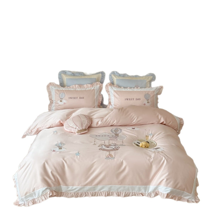 Bedding set in vintage girl style with ruffled hem, hot air balloon applique, and extra soft satin