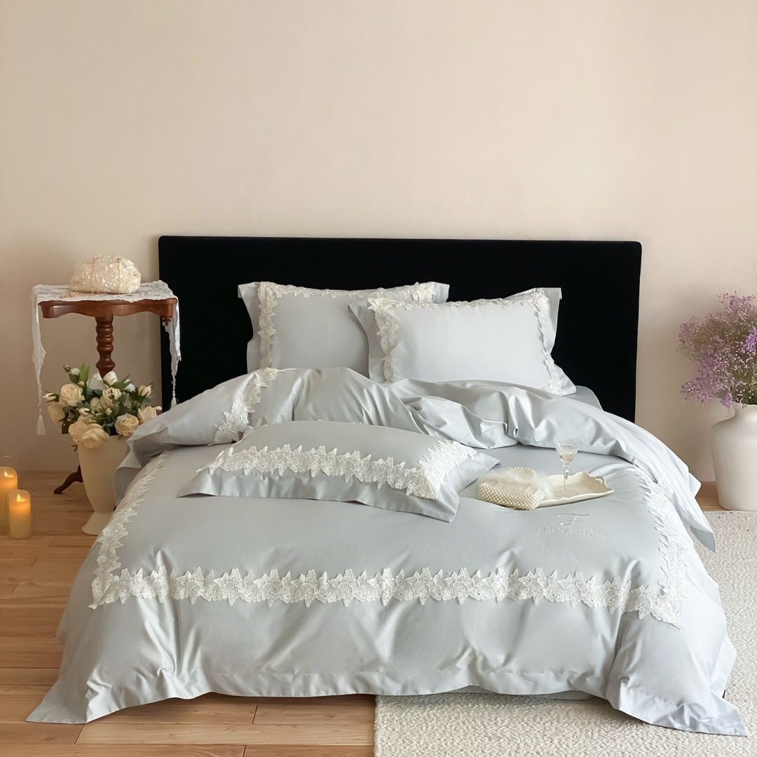Satin Lace-Trim Duvet Cover Set with Eyelash Fringed Pillow Shams