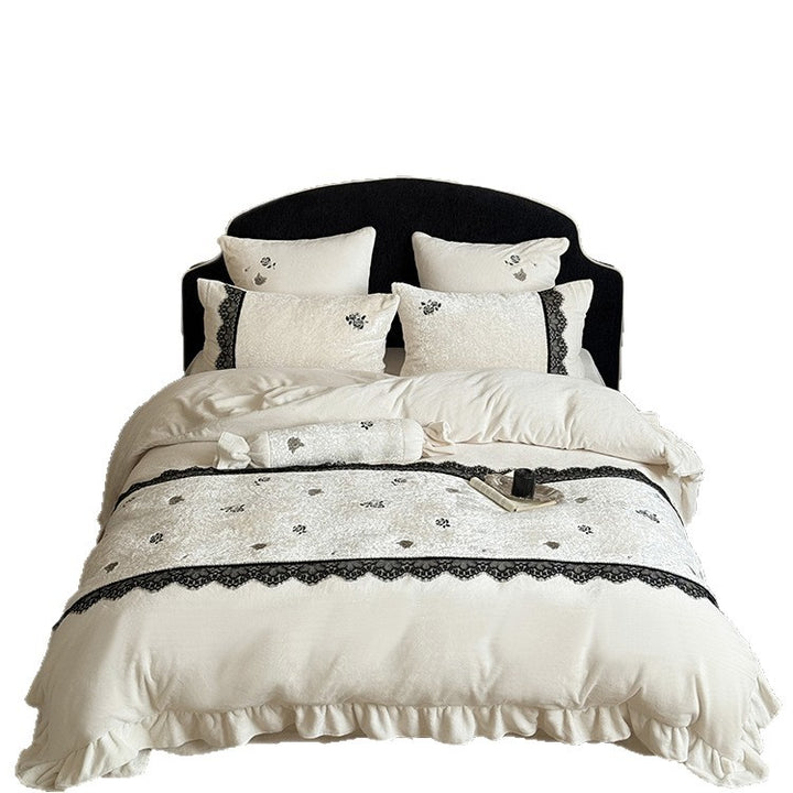 Embroidered Ruffled Duvet Cover Set with Black Lace Trim