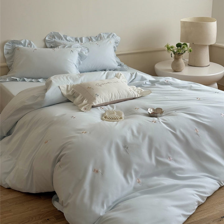 Embroidered Mini-Floral Sateen Duvet Cover Set with Frilled Pillow Shams and Accent Cushion Cover