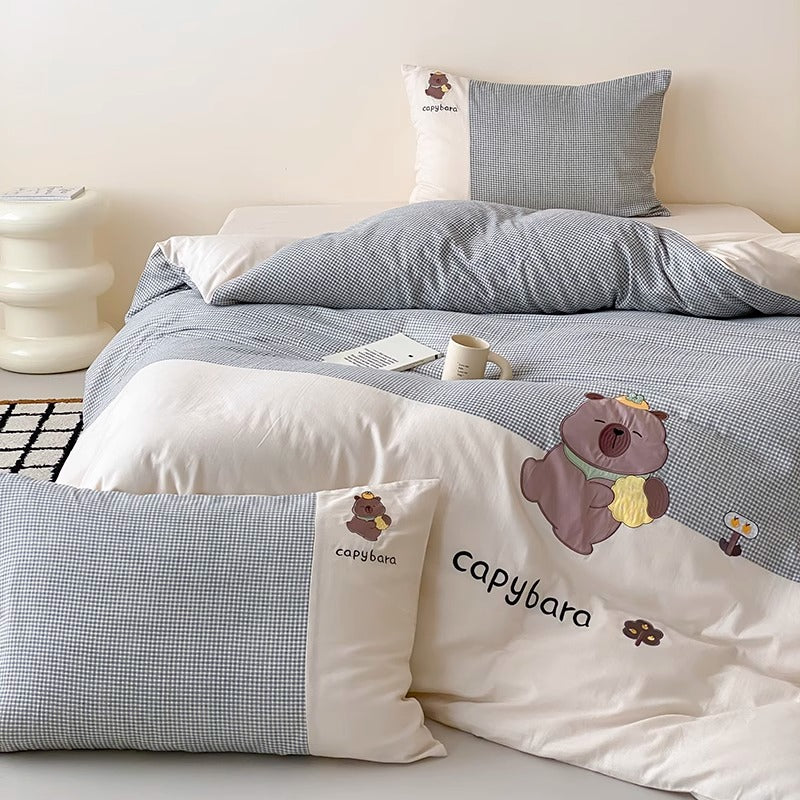 Cotton-Sateen Capybara Embroidered Duvet Cover and Pillowcase Set with Gingham Panel