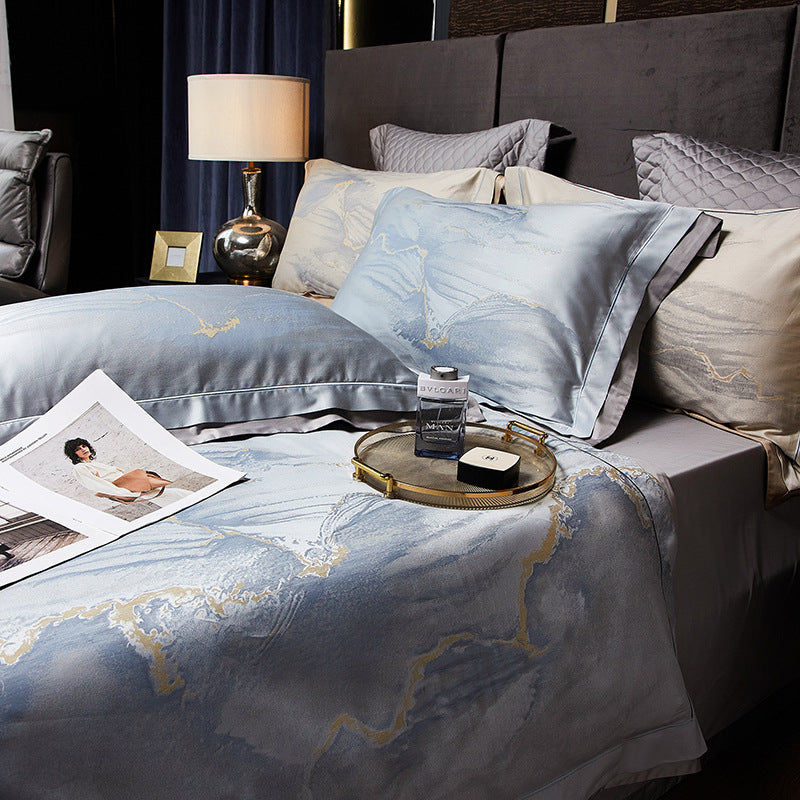 Silky Sateen Marble-Print Duvet Cover Ensemble with Reversible Back and Hidden Corner Ties